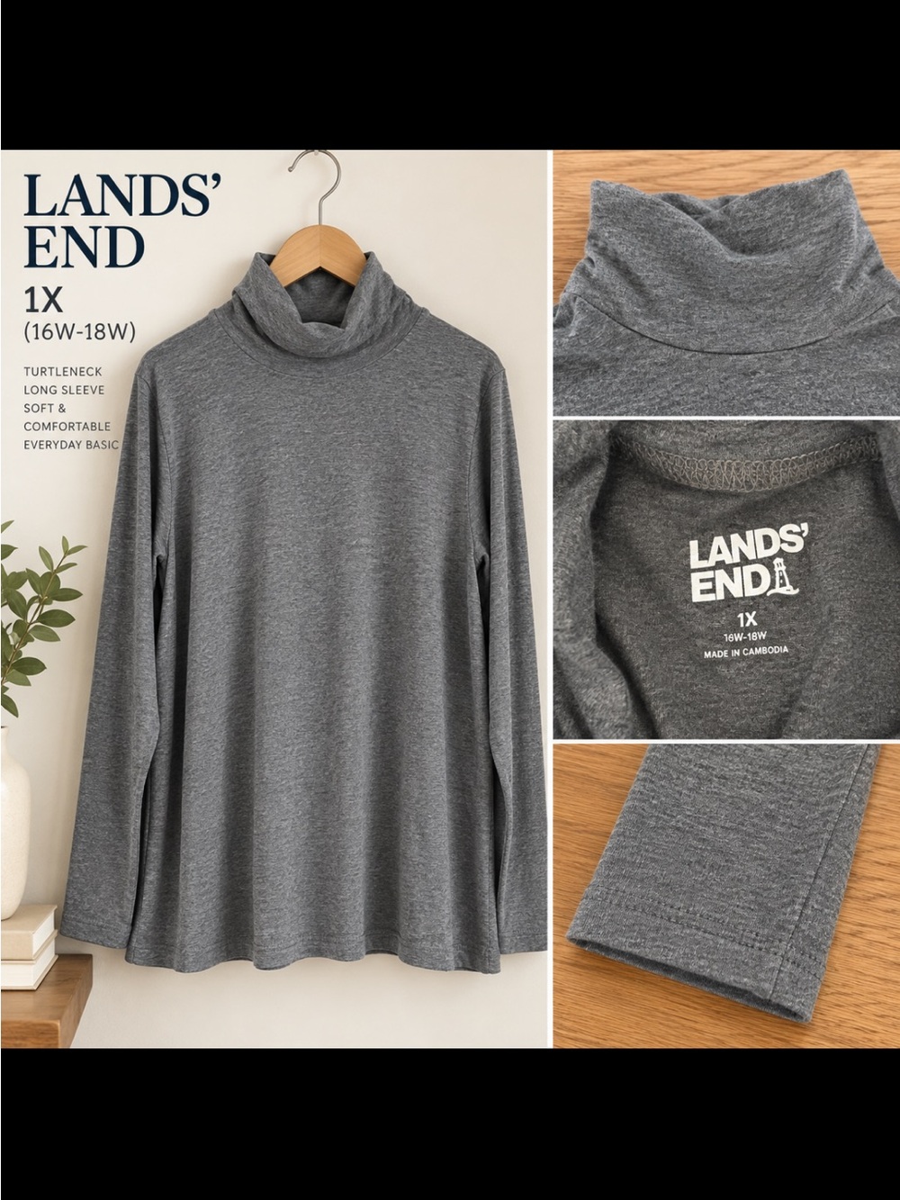 Lands' End Heather Gray Turtleneck Long Sleeve Top - 1X